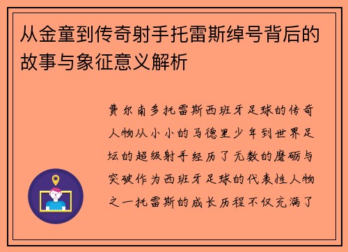 从金童到传奇射手托雷斯绰号背后的故事与象征意义解析