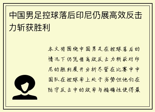 中国男足控球落后印尼仍展高效反击力斩获胜利