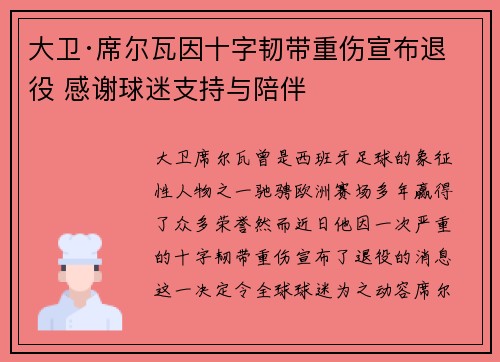 大卫·席尔瓦因十字韧带重伤宣布退役 感谢球迷支持与陪伴 大卫·席尔瓦因十字韧带重伤宣布退役 感谢球迷支持与陪伴