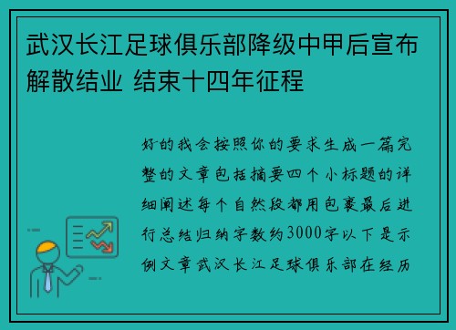 武汉长江足球俱乐部降级中甲后宣布解散结业 结束十四年征程